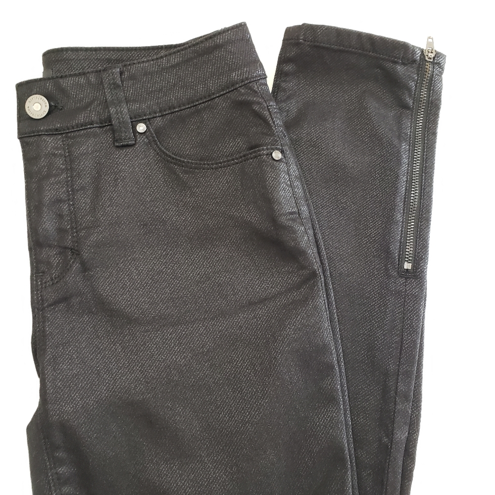 White House Black Market Black Skinny Leg Pants Waxy Denim with Ankle Zip Size 0